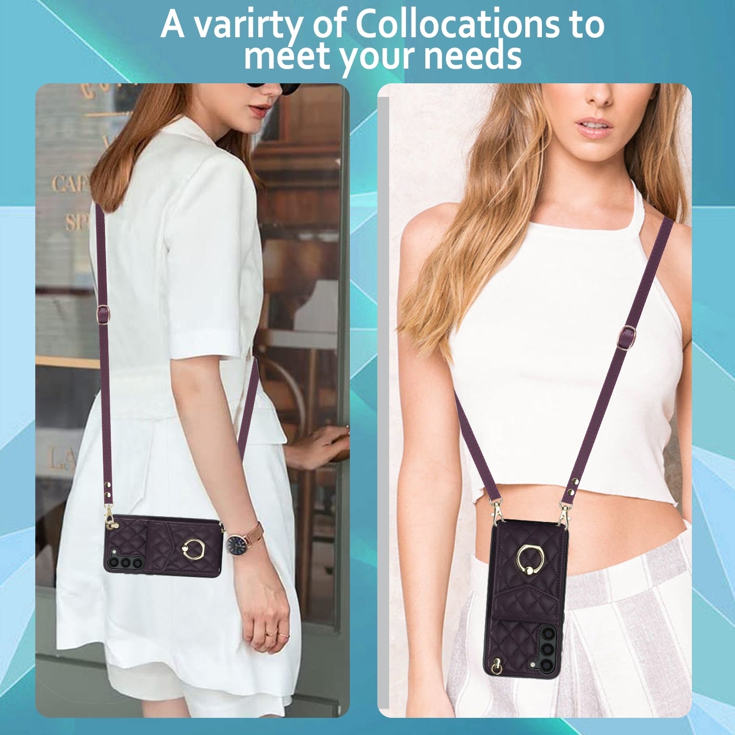 For-Samsung-Galaxy-S24-5G-Rhombic-Texture-Card-Bag-Phone-Case-with-Long-Lanyard(Wine-Red)