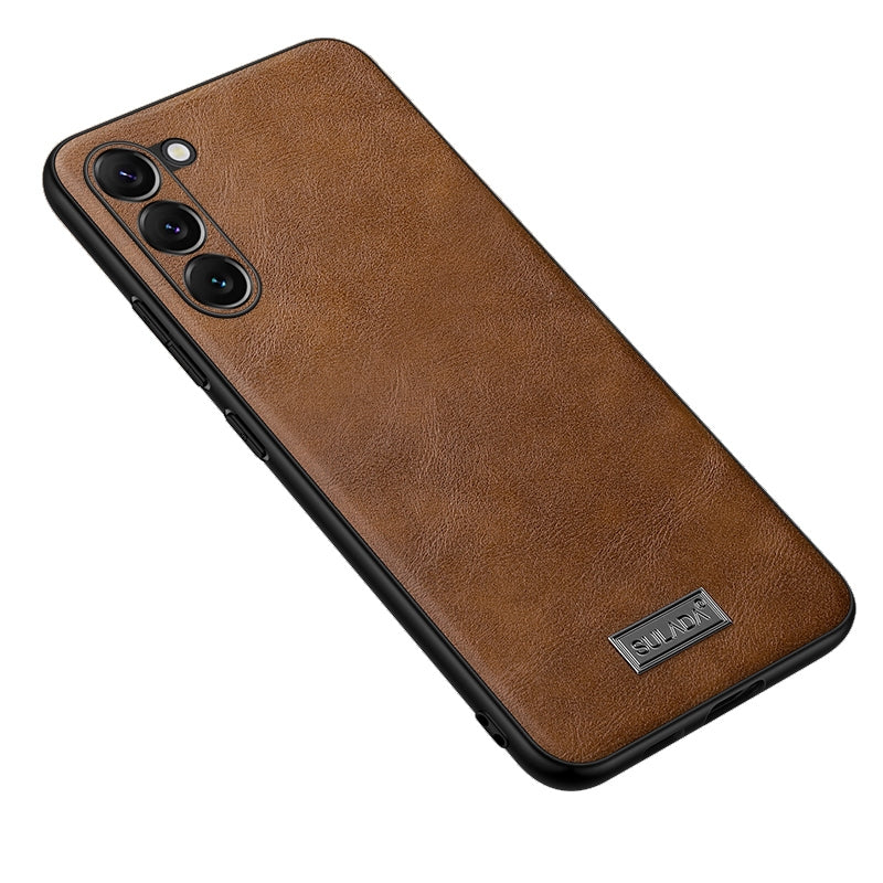 For-Samsung-Galaxy-S24-5G-SULADA-Shockproof-TPU-Hybrid-Handmade-Leather-Phone-Case(Brown)