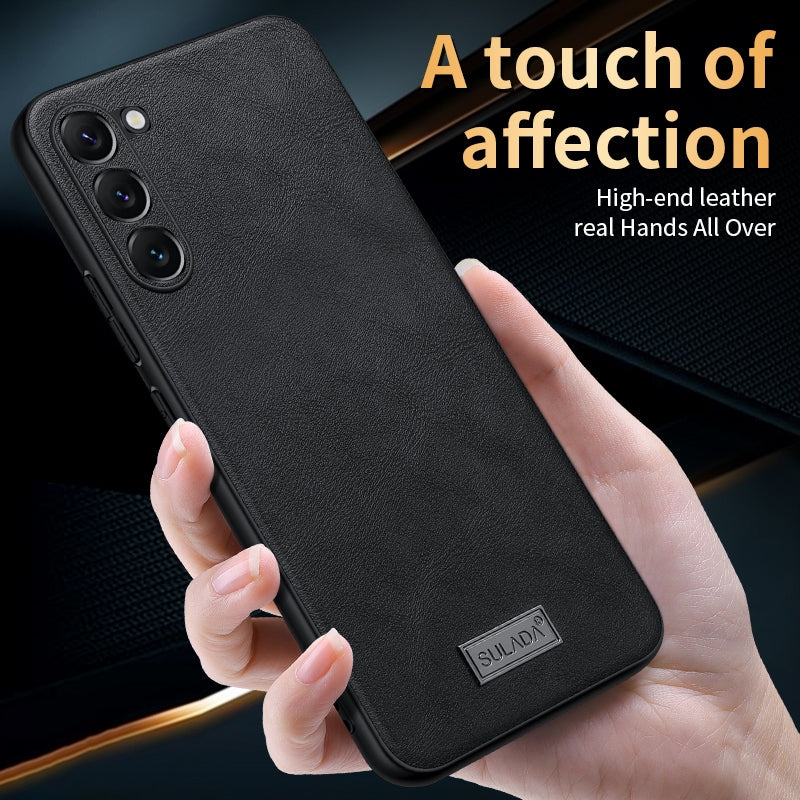 For-Samsung-Galaxy-S24-5G-SULADA-Shockproof-TPU-Hybrid-Handmade-Leather-Phone-Case(Brown)