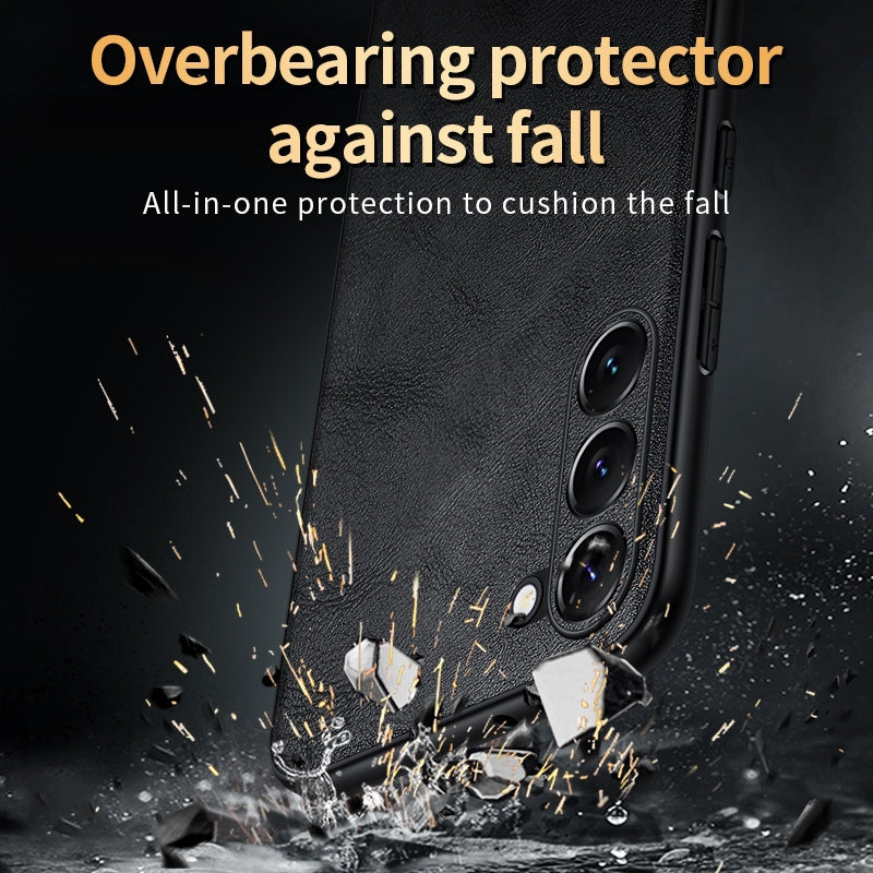 For-Samsung-Galaxy-S24-5G-SULADA-Shockproof-TPU-Hybrid-Handmade-Leather-Phone-Case(Brown)