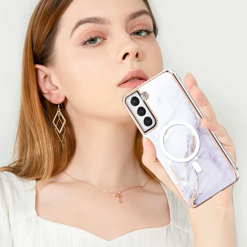 For-Samsung-Galaxy-S21-FE-5G-Marble-Pattern-Dual-side-IMD-Magsafe-TPU-Phone-Case(White-006)