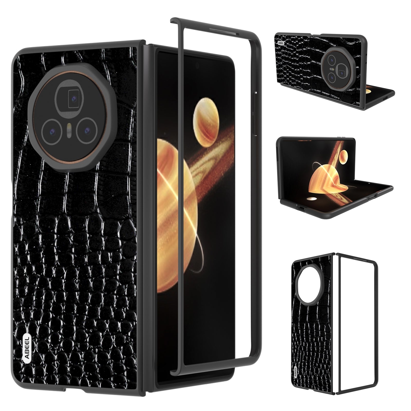 For-Honor-Magic-V3-ABEEL-Genuine-Leather-Crocodile-Pattern-Black-Edge-Phone-Case(Black)