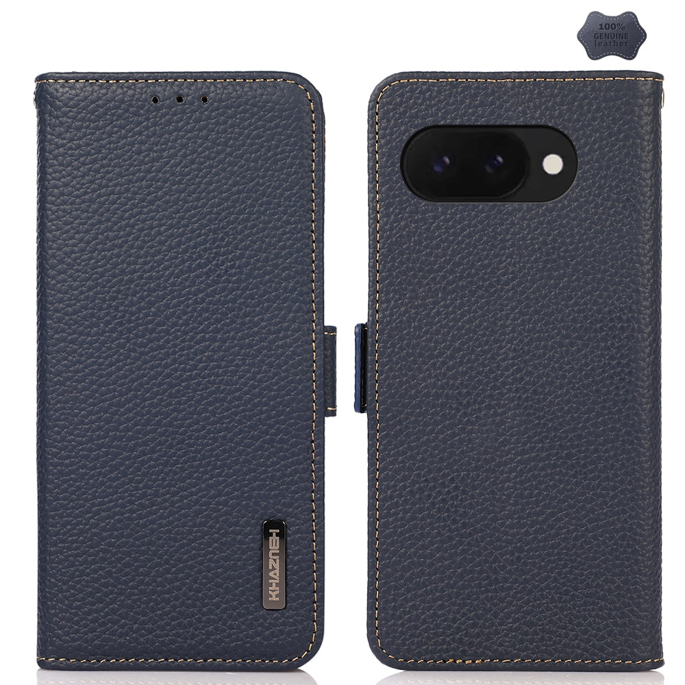 For-Google-Pixel-9a-KHAZNEH-Side-Magnetic-Litchi-Genuine-Leather-RFID-Phone-Case(Blue)