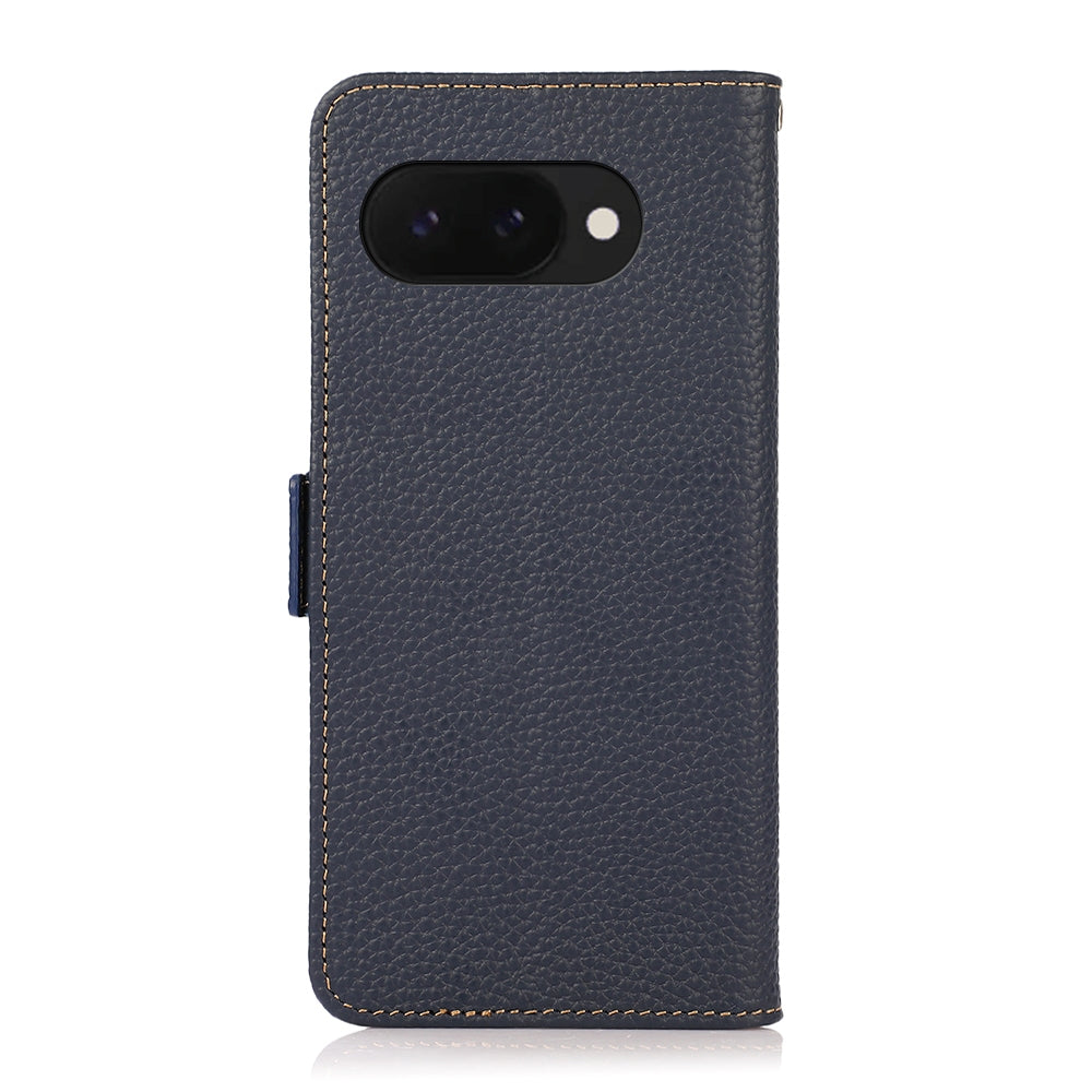 For-Google-Pixel-9a-KHAZNEH-Side-Magnetic-Litchi-Genuine-Leather-RFID-Phone-Case(Blue)