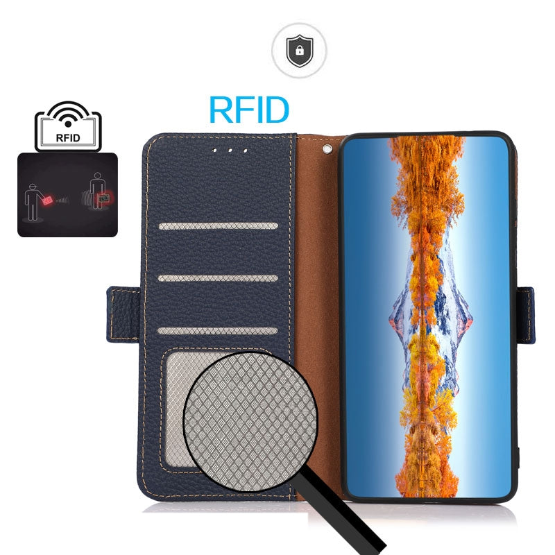 For-Google-Pixel-9a-KHAZNEH-Side-Magnetic-Litchi-Genuine-Leather-RFID-Phone-Case(Blue)