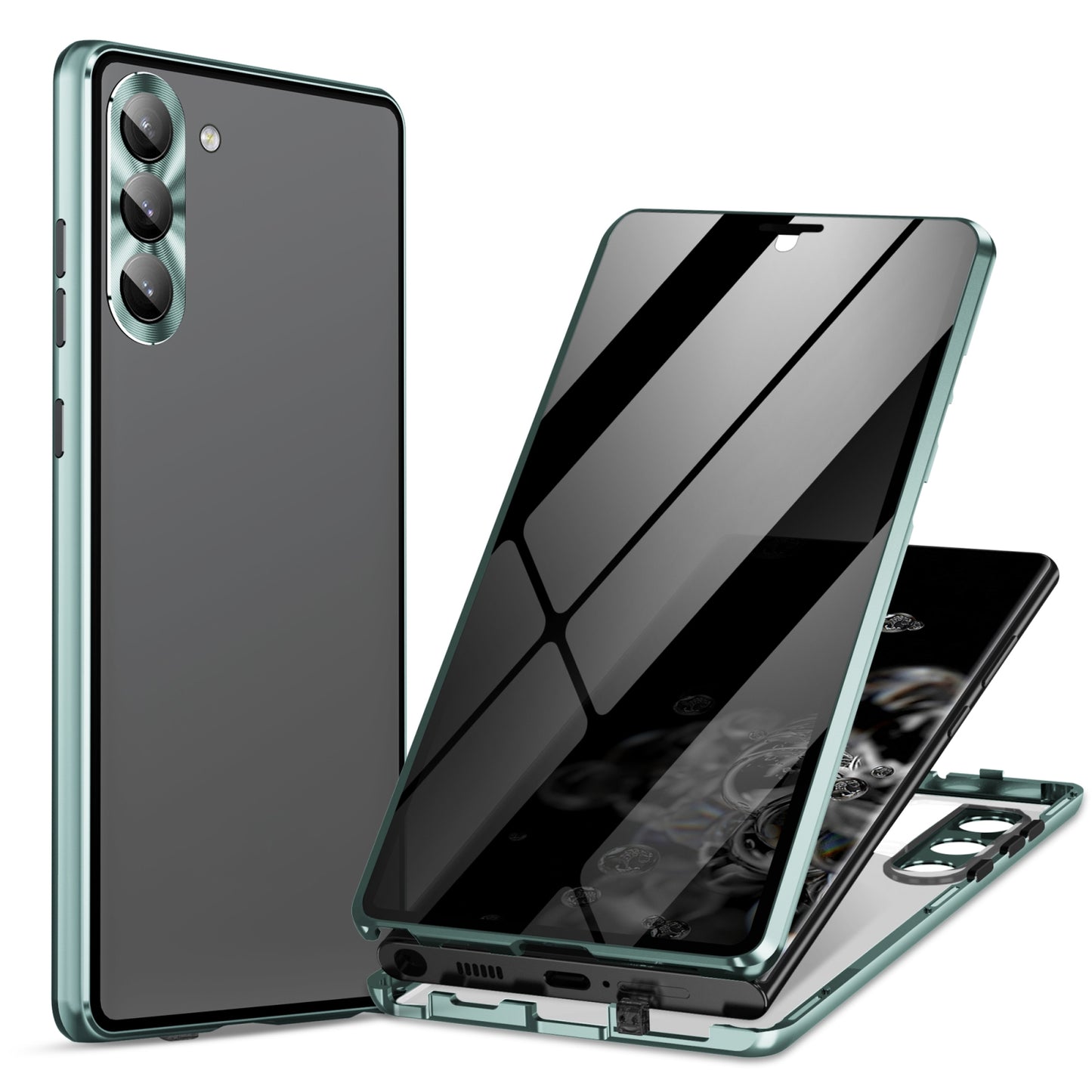 For-Samsung-Galaxy-S24-5G-Privacy-Full-Cover-Magnetic-Metal-Tempered-Glass-Phone-Case(Green)