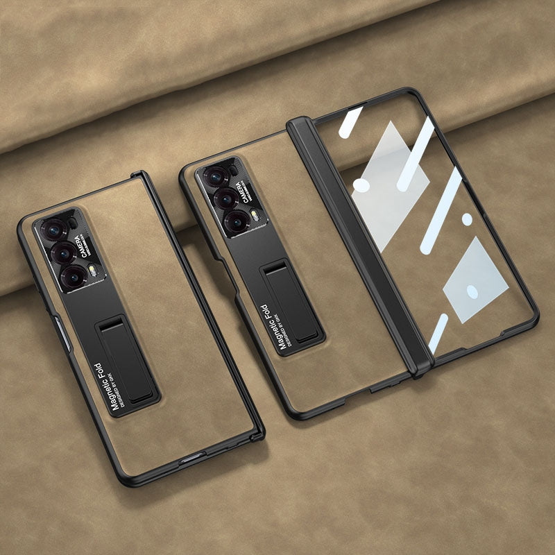 For-Honor-Magic-V2-GKK-Integrated-Frosted-Fold-Hinge-Leather-Phone-Case-with-Holder(Brown)