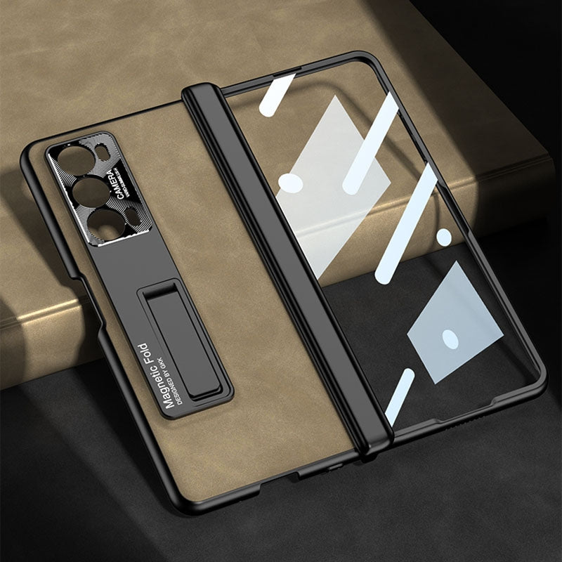 For-Honor-Magic-V2-GKK-Integrated-Frosted-Fold-Hinge-Leather-Phone-Case-with-Holder(Brown)