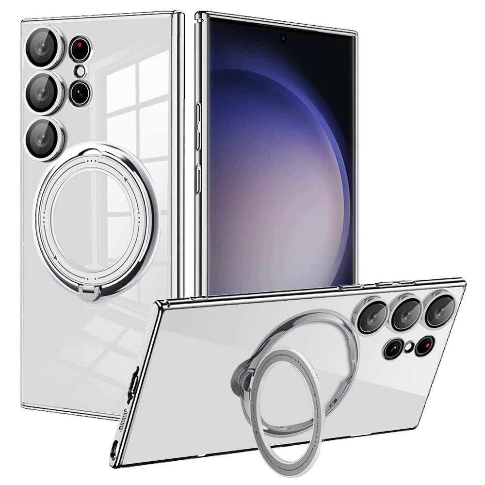 For-Samsung-Galaxy-S23-Ultra-Electroplating-MagSafe-360-Degree-Rotation-Holder-Shockproof-Phone-Case(Silver)