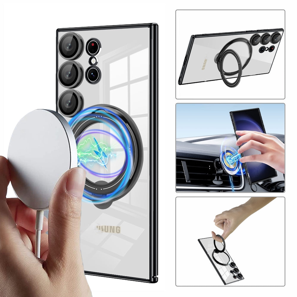 For-Samsung-Galaxy-S22-Ultra-Electroplating-MagSafe-360-Degree-Rotation-Holder-Shockproof-Phone-Case(Silver)