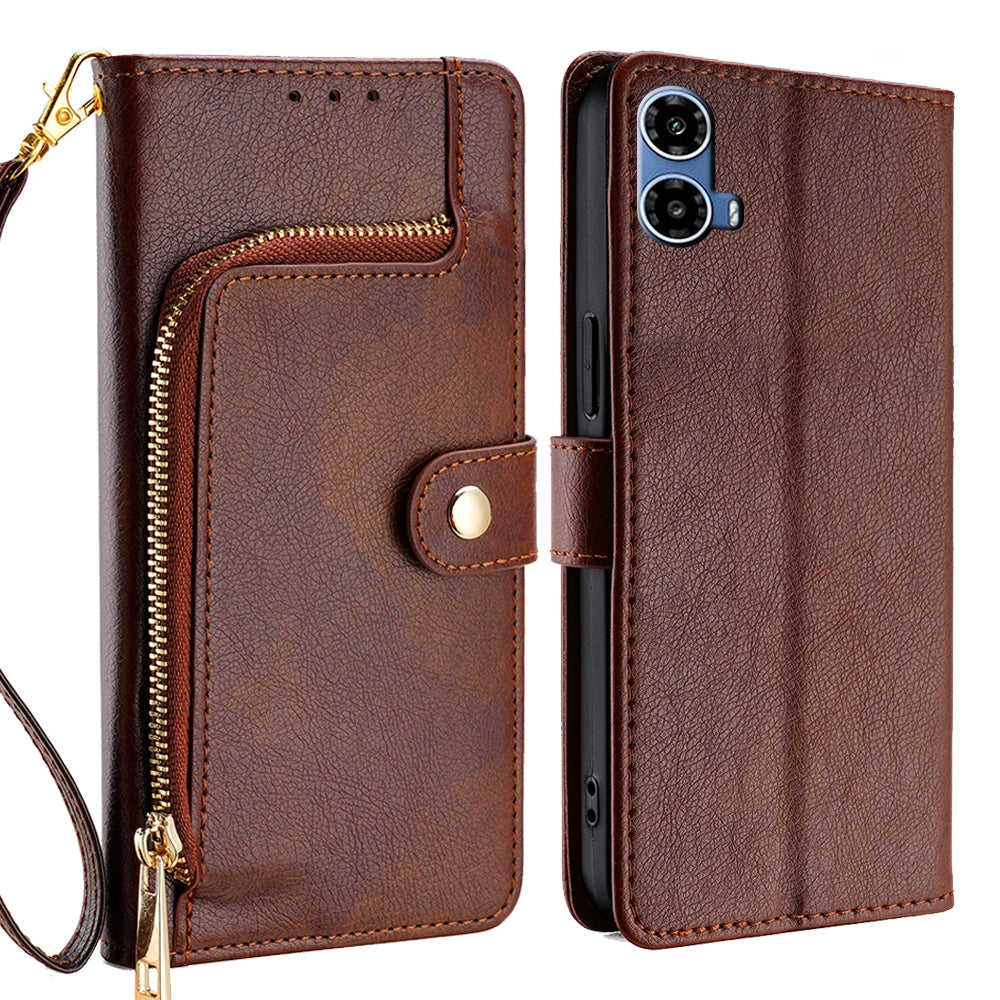 For-Motorola-Moto-G34-5G-Zipper-Bag-Leather-Phone-Case(Brown)