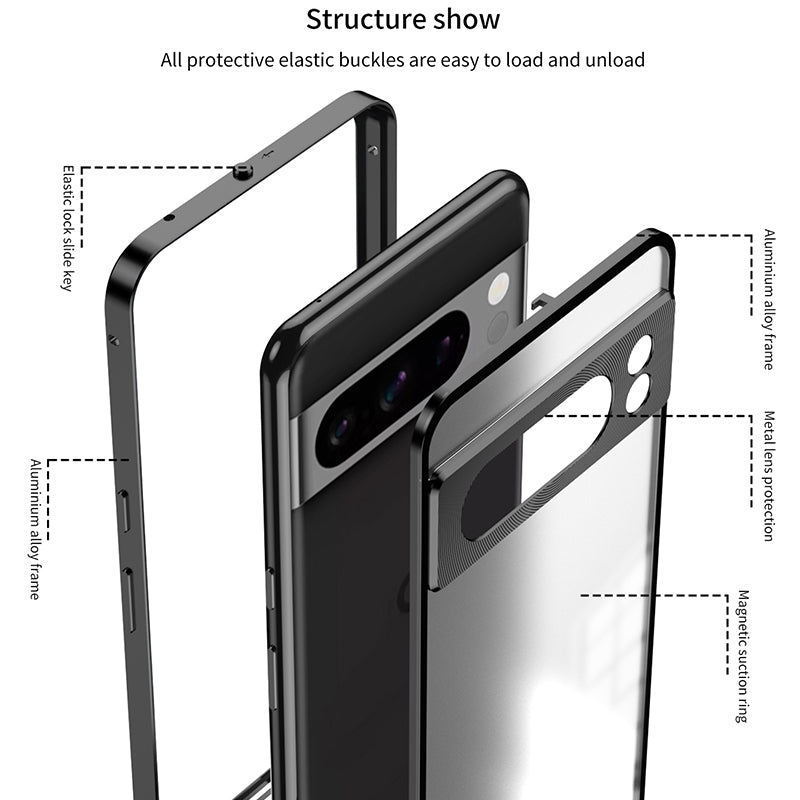 For-Google-Pixel-8a-Snap-Buckle-Metal-Frame-Frosted-Phone-Case(Black)