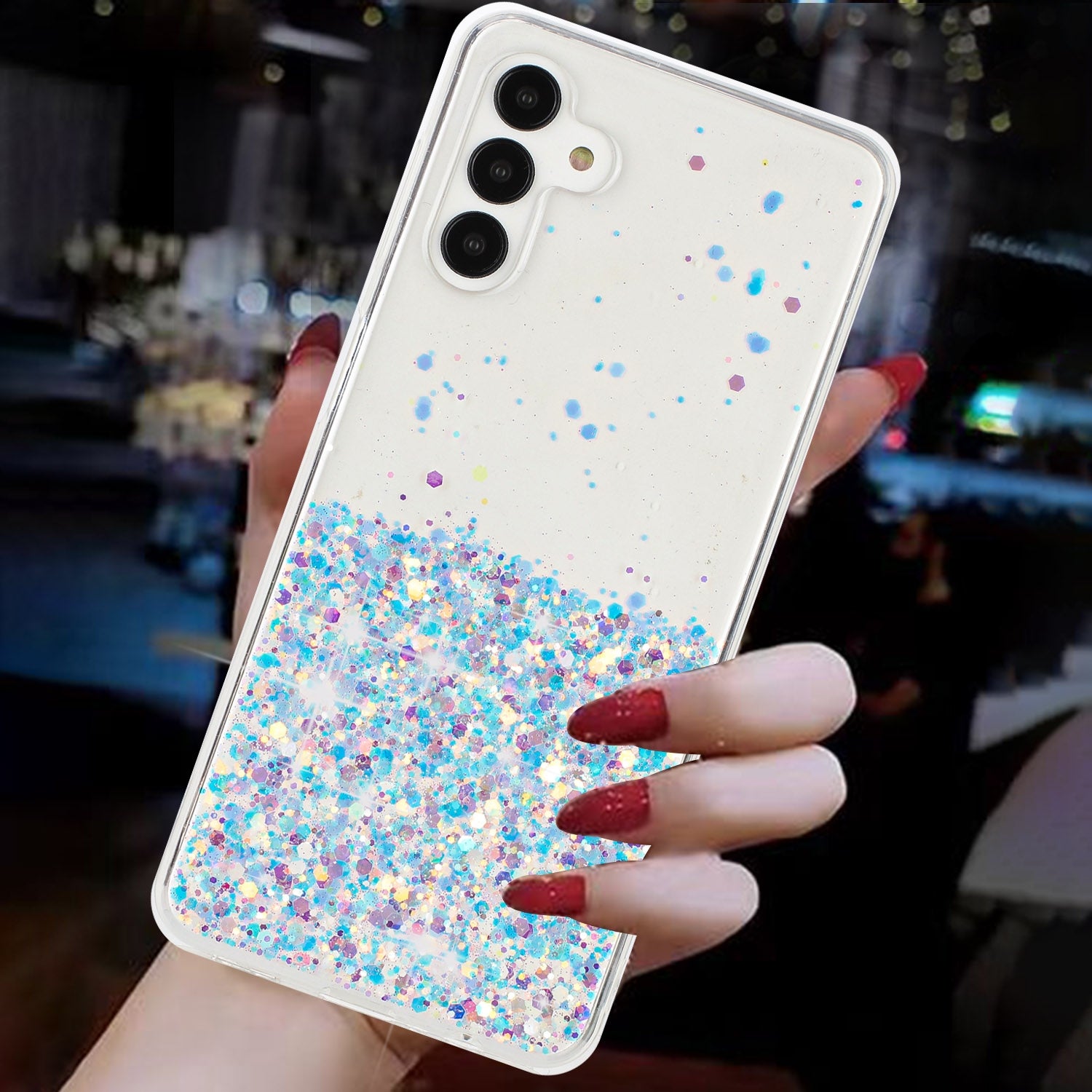 For-Samsung-Galaxy-A34-5G-Transparent-Frame-Noctilucent-Glitter-Powder-TPU-Phone-Case(White)