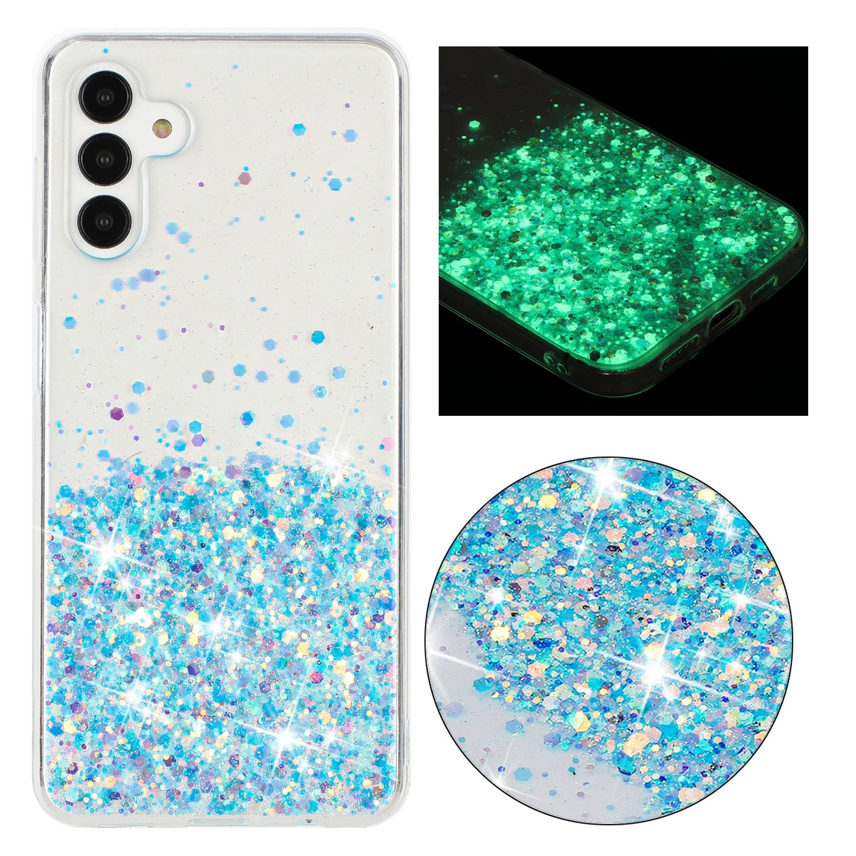 For-Samsung-Galaxy-A54-5G-Transparent-Frame-Noctilucent-Glitter-Powder-TPU-Phone-Case(Blue)