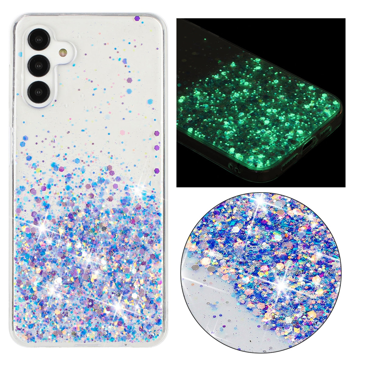 For-Samsung-Galaxy-A55-5G-Transparent-Frame-Noctilucent-Glitter-Powder-TPU-Phone-Case(Purple)