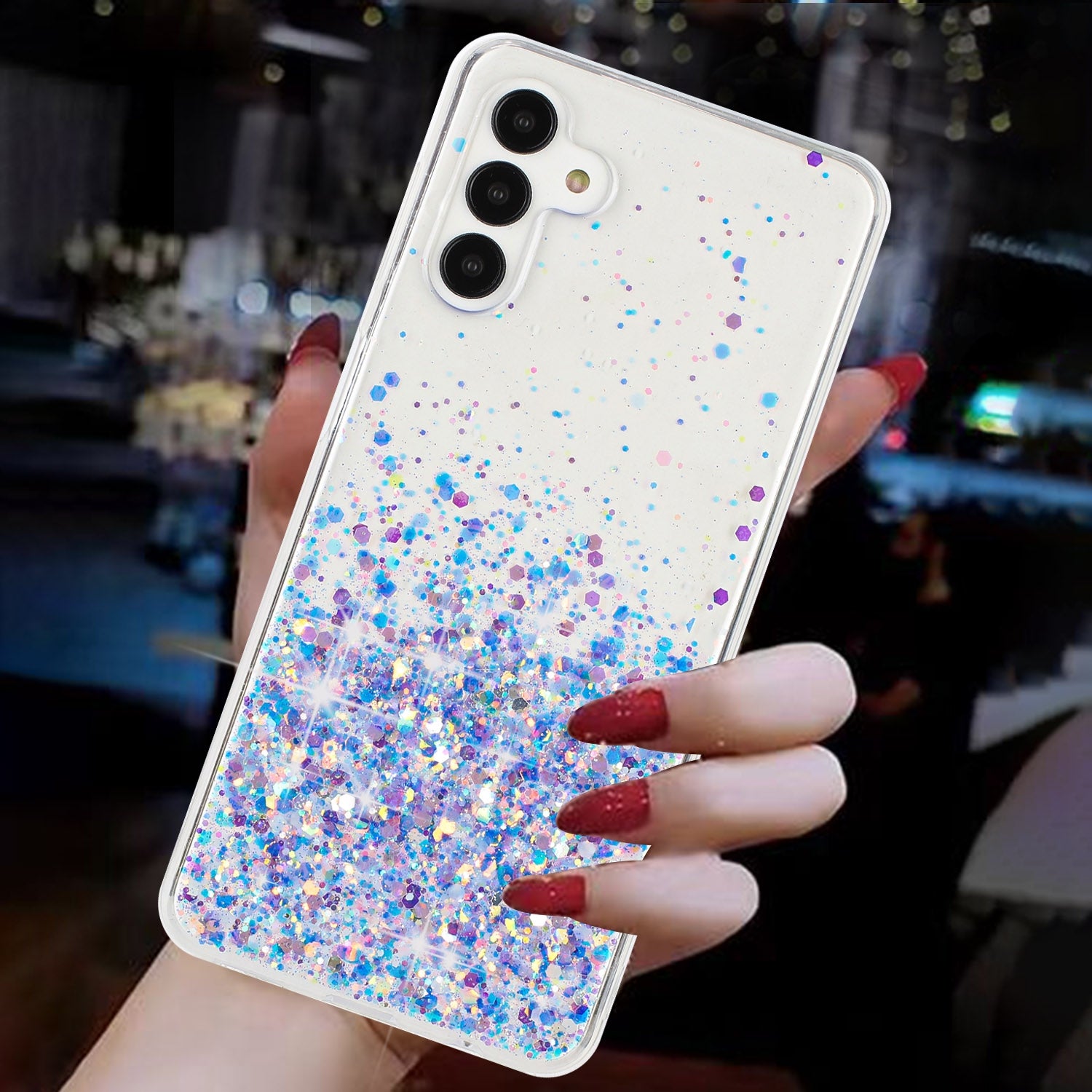 For-Samsung-Galaxy-A55-5G-Transparent-Frame-Noctilucent-Glitter-Powder-TPU-Phone-Case(Purple)