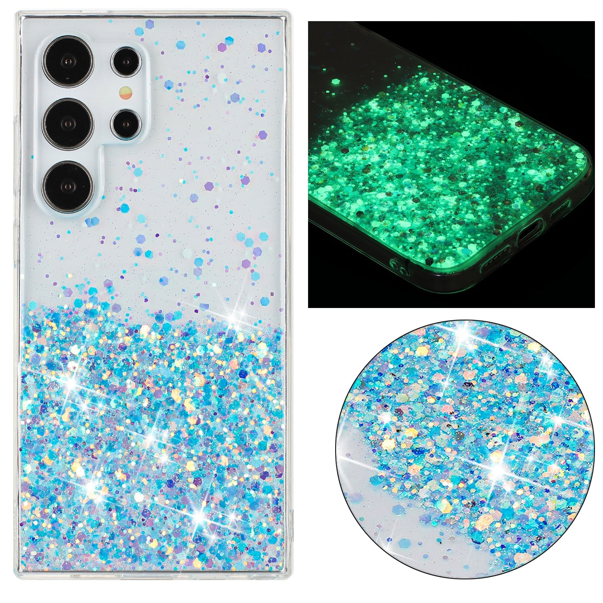 For-Samsung-Galaxy-S24-Ultra-5G-Transparent-Frame-Noctilucent-Glitter-Powder-TPU-Phone-Case(Blue)