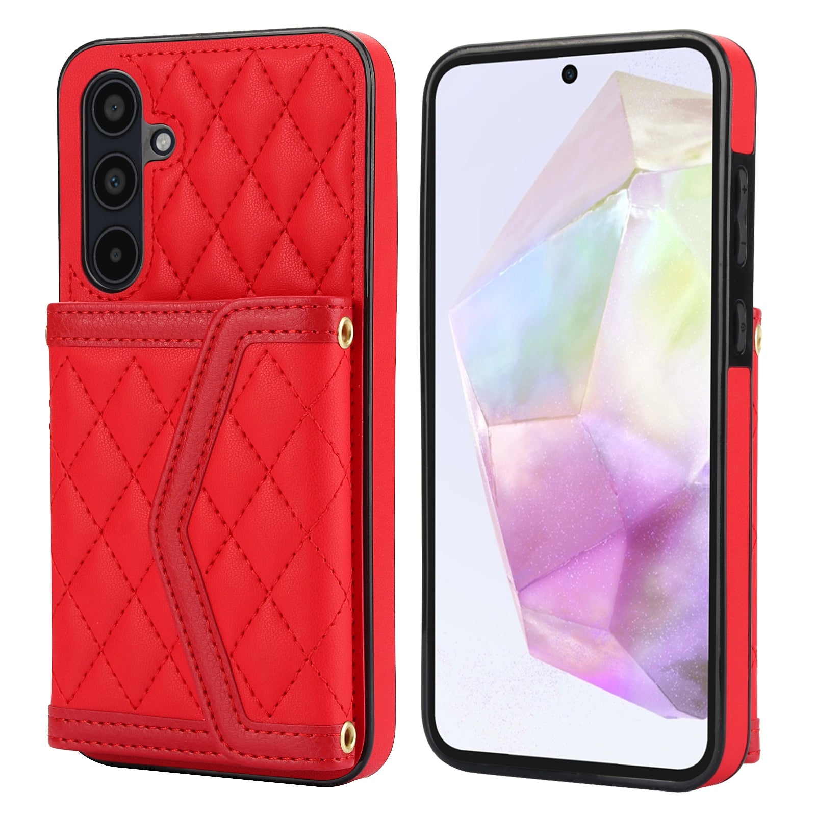 For-Samsung-Galaxy-A35-5G-Splicing-Rhombic-Texture-Card-Bag-Phone-Case-with-Long-Lanyard(Red)