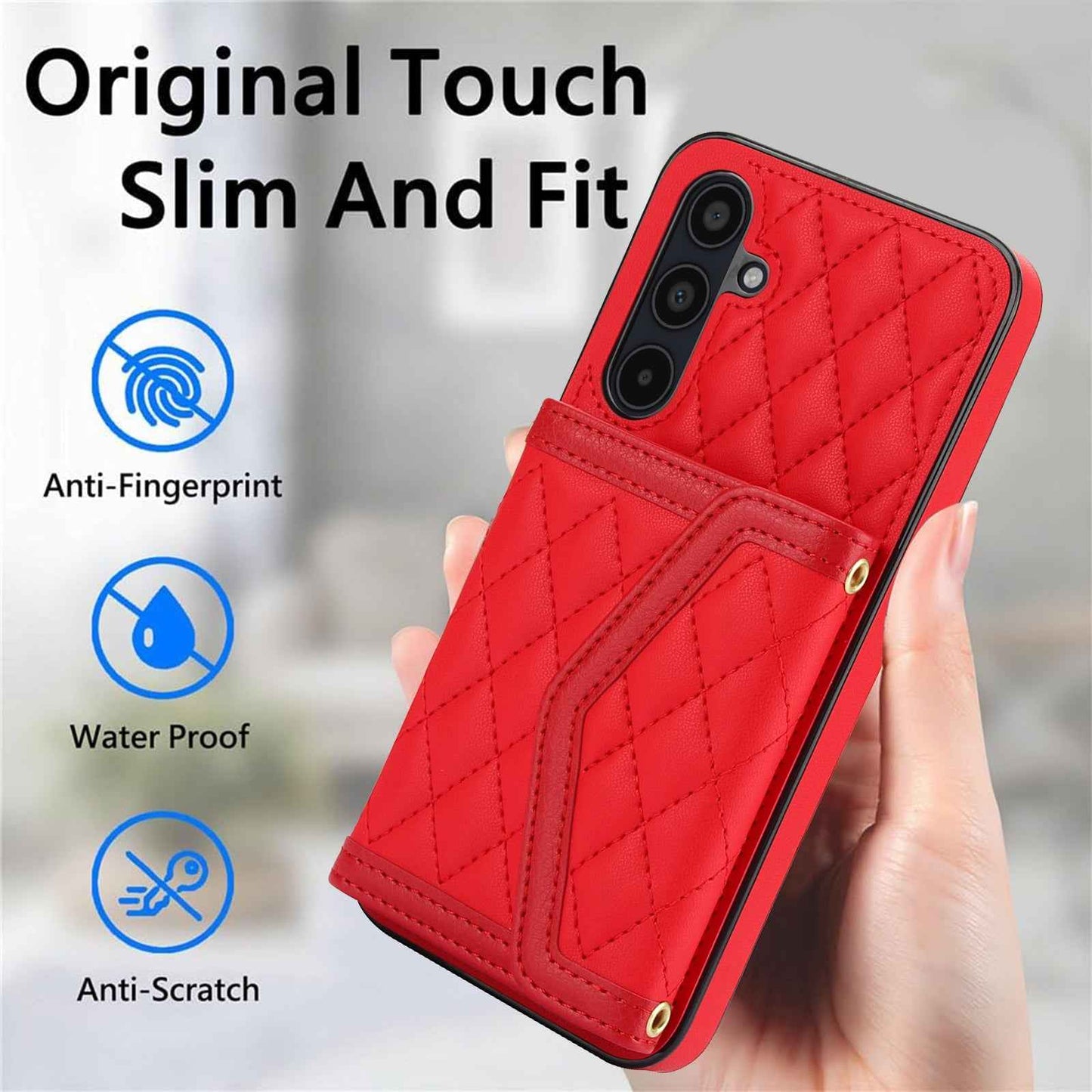 For-Samsung-Galaxy-A35-5G-Splicing-Rhombic-Texture-Card-Bag-Phone-Case-with-Long-Lanyard(Red)