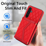 For-Samsung-Galaxy-A35-5G-Splicing-Rhombic-Texture-Card-Bag-Phone-Case-with-Long-Lanyard(Red)