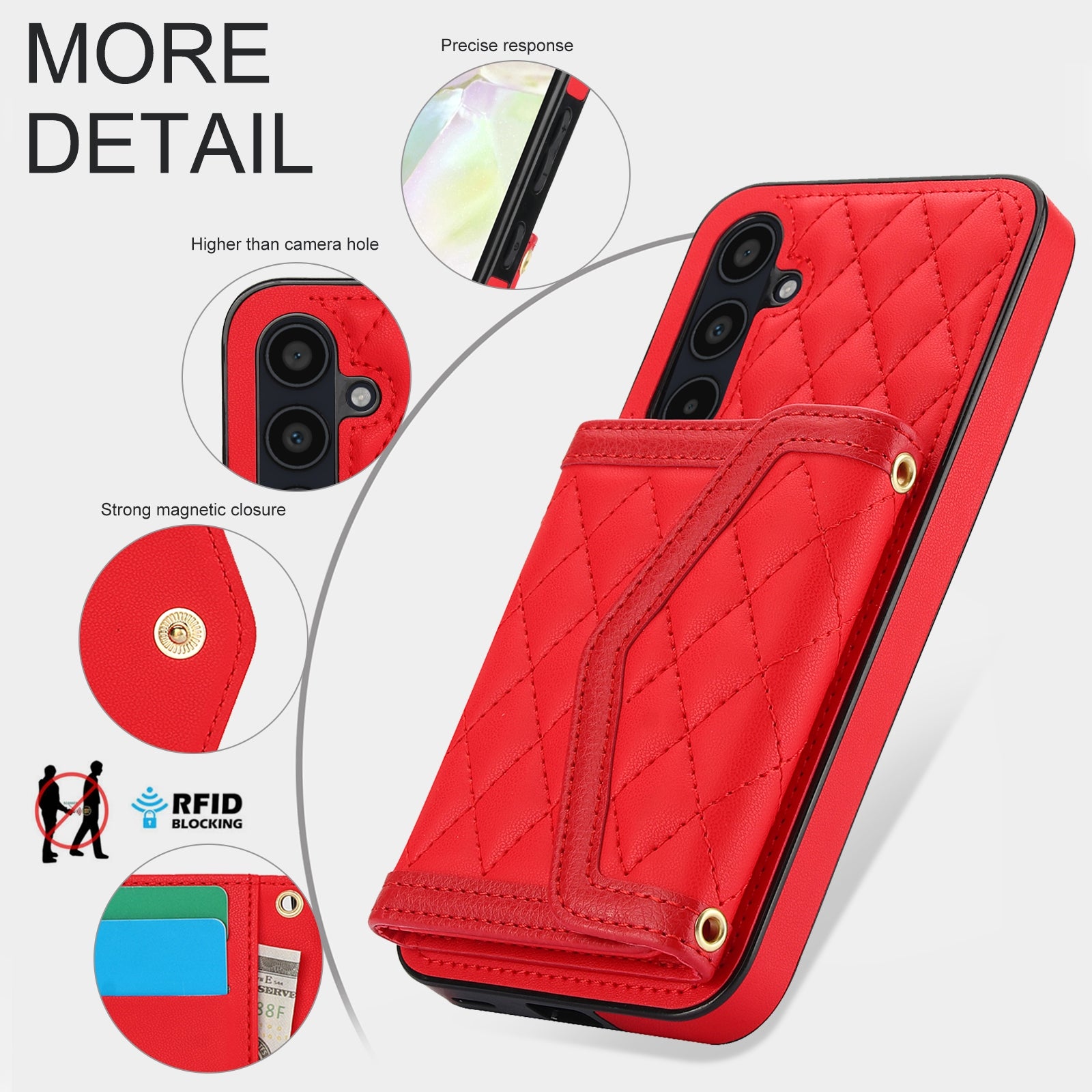 For-Samsung-Galaxy-A35-5G-Splicing-Rhombic-Texture-Card-Bag-Phone-Case-with-Long-Lanyard(Red)