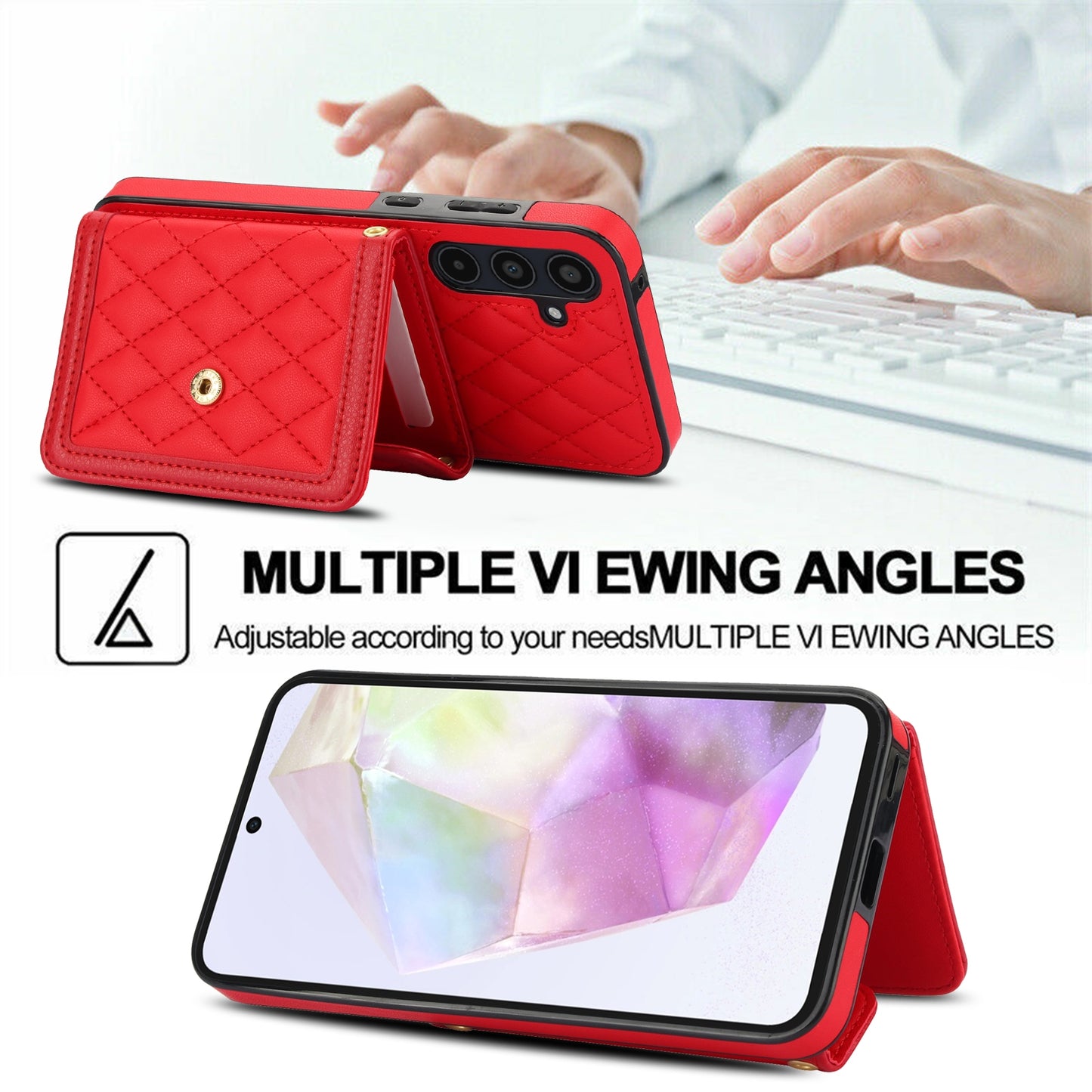 For-Samsung-Galaxy-A35-5G-Splicing-Rhombic-Texture-Card-Bag-Phone-Case-with-Long-Lanyard(Red)