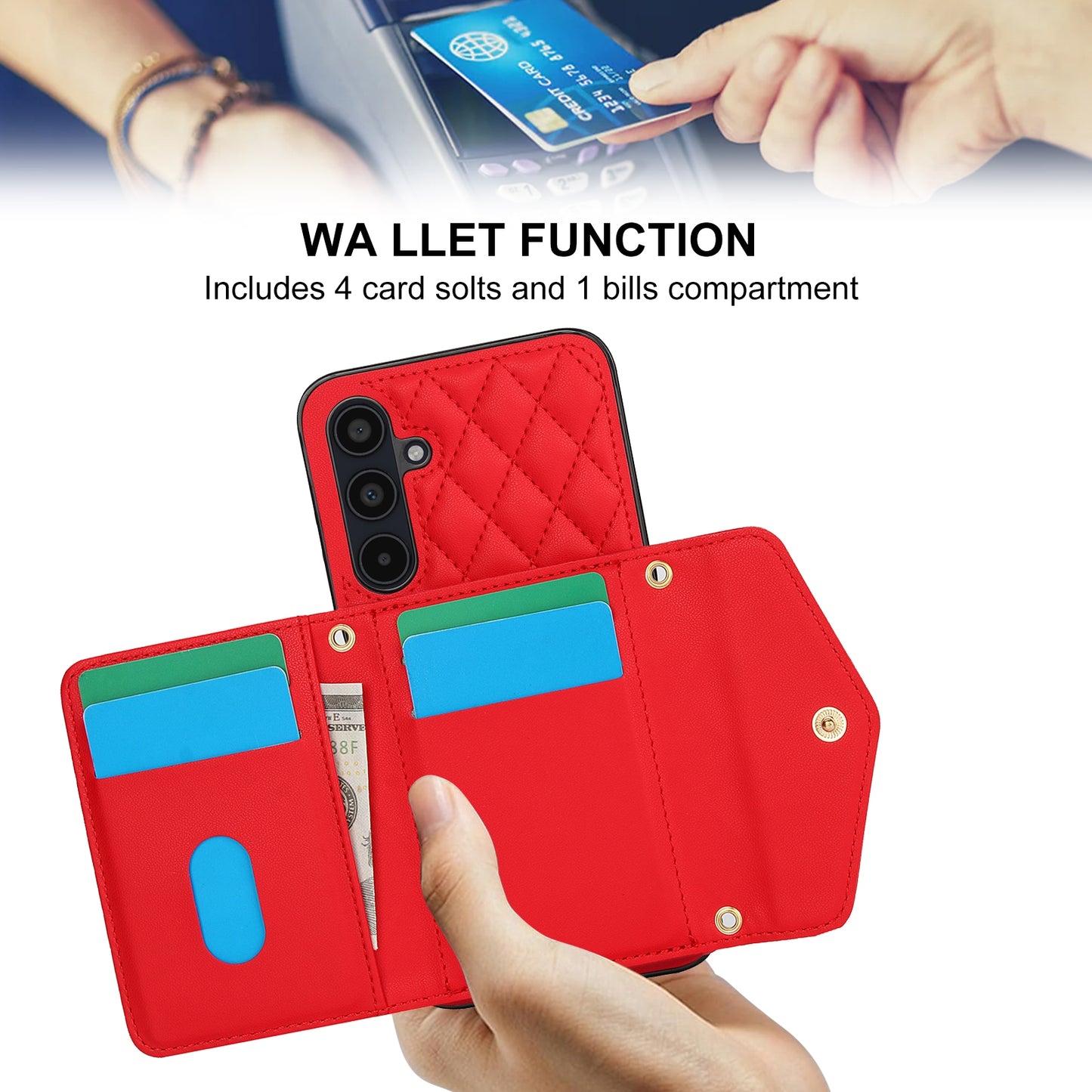 For-Samsung-Galaxy-A35-5G-Splicing-Rhombic-Texture-Card-Bag-Phone-Case-with-Long-Lanyard(Red)