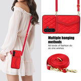 For-Samsung-Galaxy-A35-5G-Splicing-Rhombic-Texture-Card-Bag-Phone-Case-with-Long-Lanyard(Red)