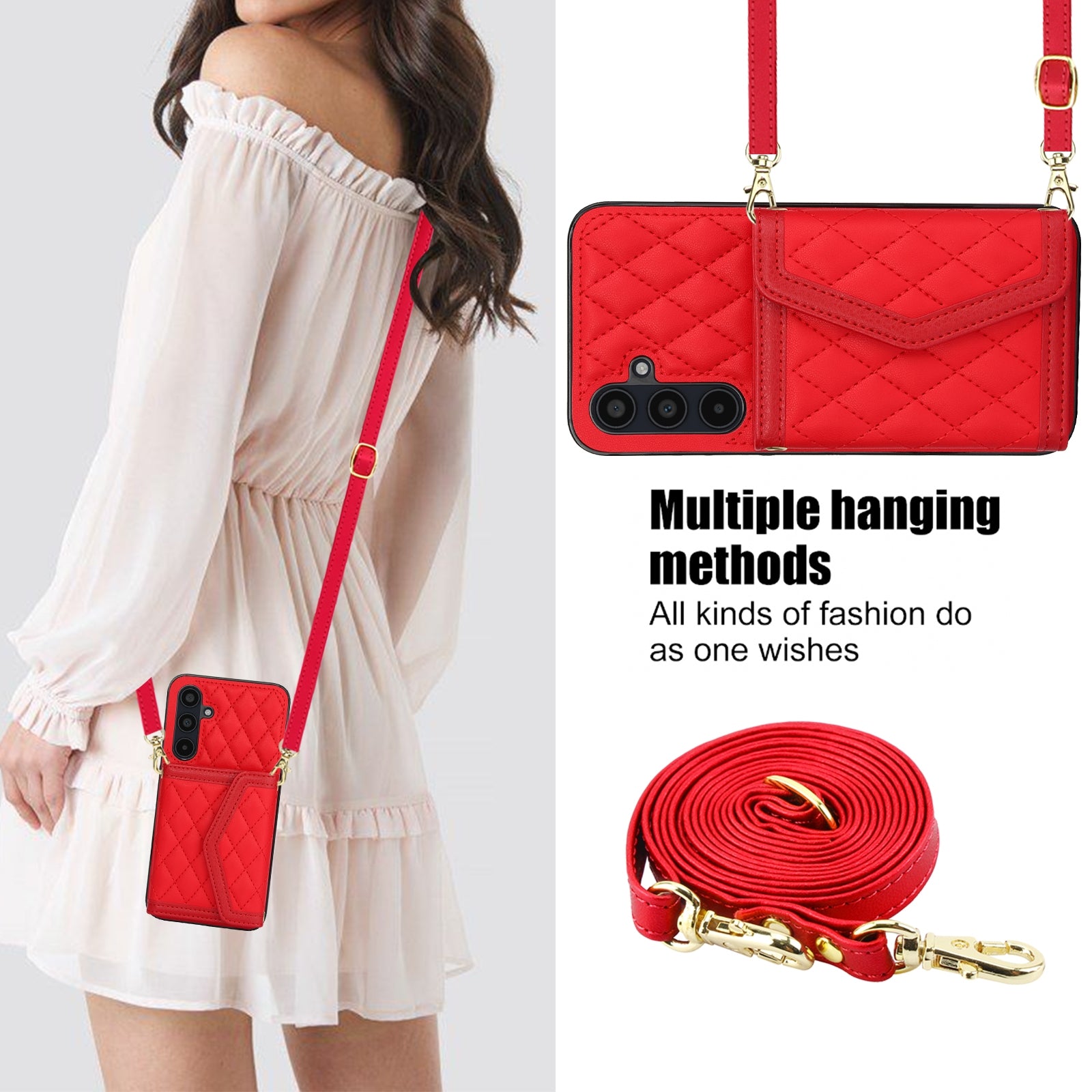 For-Samsung-Galaxy-A35-5G-Splicing-Rhombic-Texture-Card-Bag-Phone-Case-with-Long-Lanyard(Red)