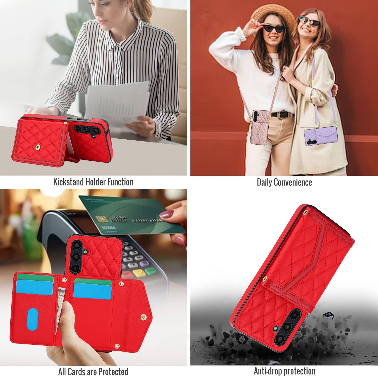 For-Samsung-Galaxy-A35-5G-Splicing-Rhombic-Texture-Card-Bag-Phone-Case-with-Long-Lanyard(Red)