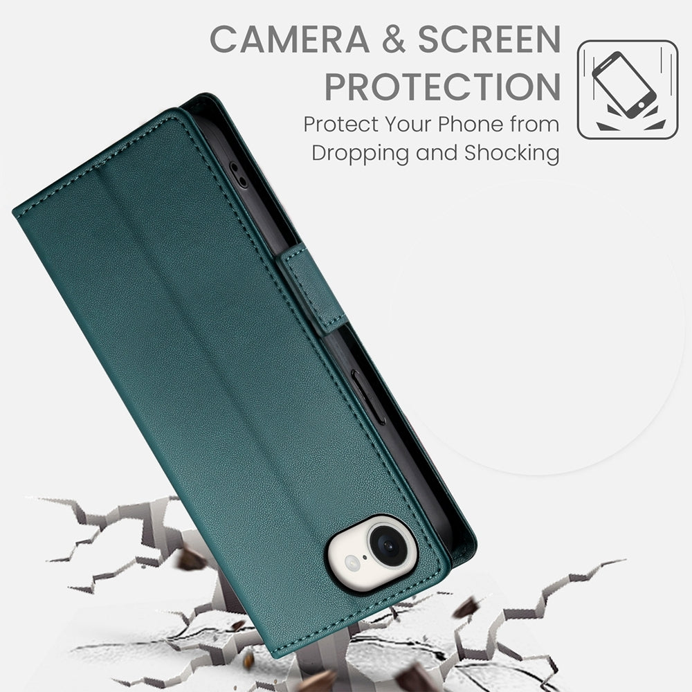 For-iPhone-17e-/-16e-Side-Buckle-Magnetic-Frosted-Leather-Phone-Case(Dark-Green)