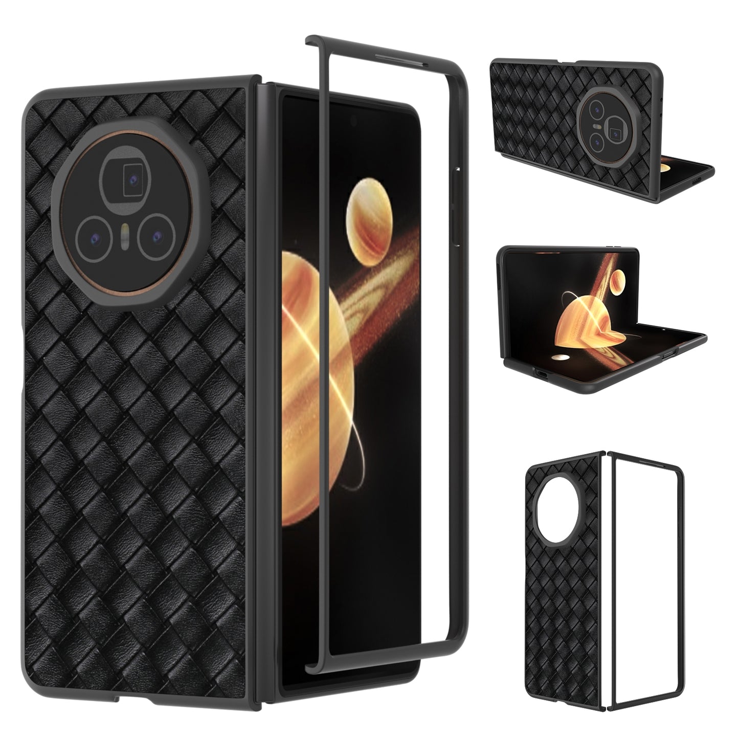 For-Honor-Magic-V3-Black-Frame-Woven-Texture-PU-Phone-Case(Black)