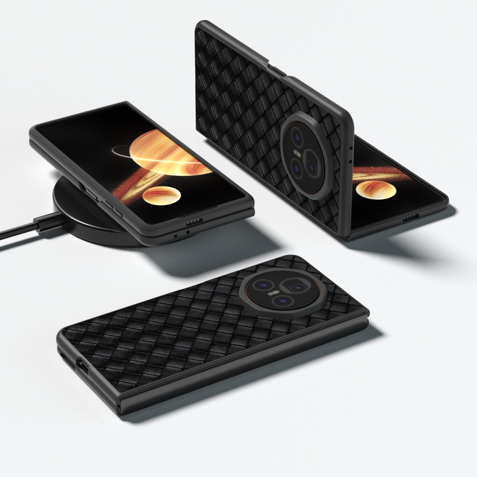 For-Honor-Magic-V3-Black-Frame-Woven-Texture-PU-Phone-Case(Black)