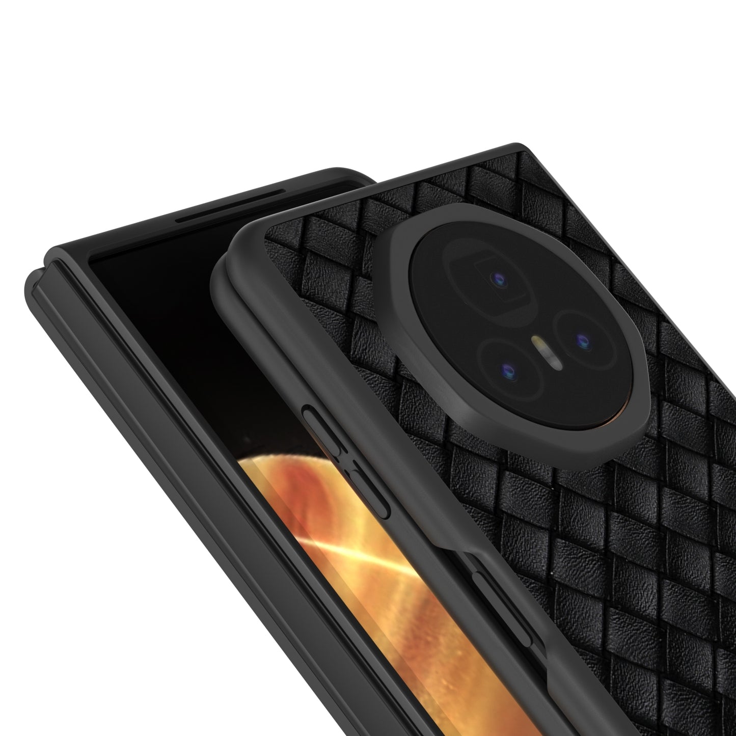 For-Honor-Magic-V3-Black-Frame-Woven-Texture-PU-Phone-Case(Black)