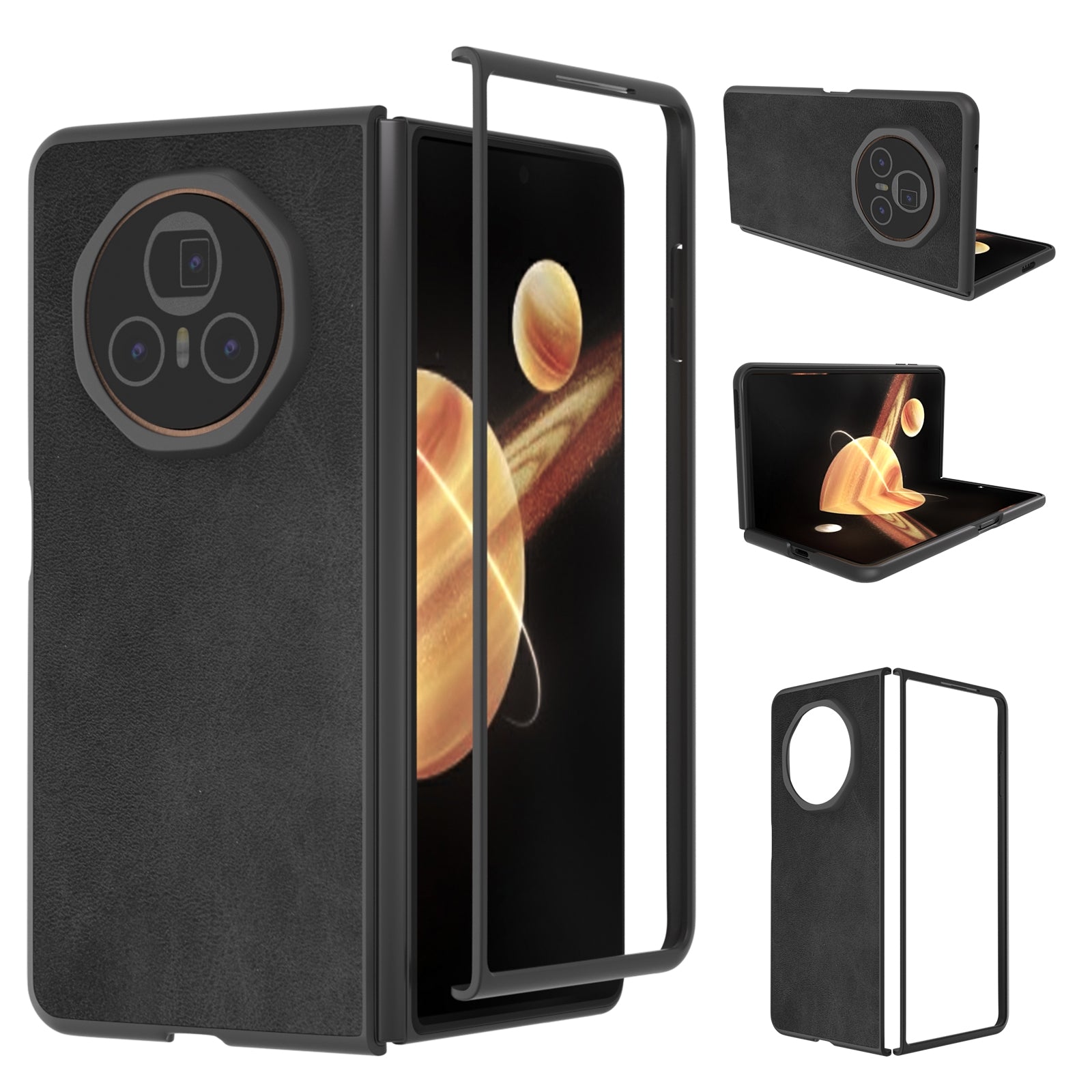 For-Honor-Magic-V3-Black-Frame-Two-color-Calf-Texture-PU-Phone-Case(Black)