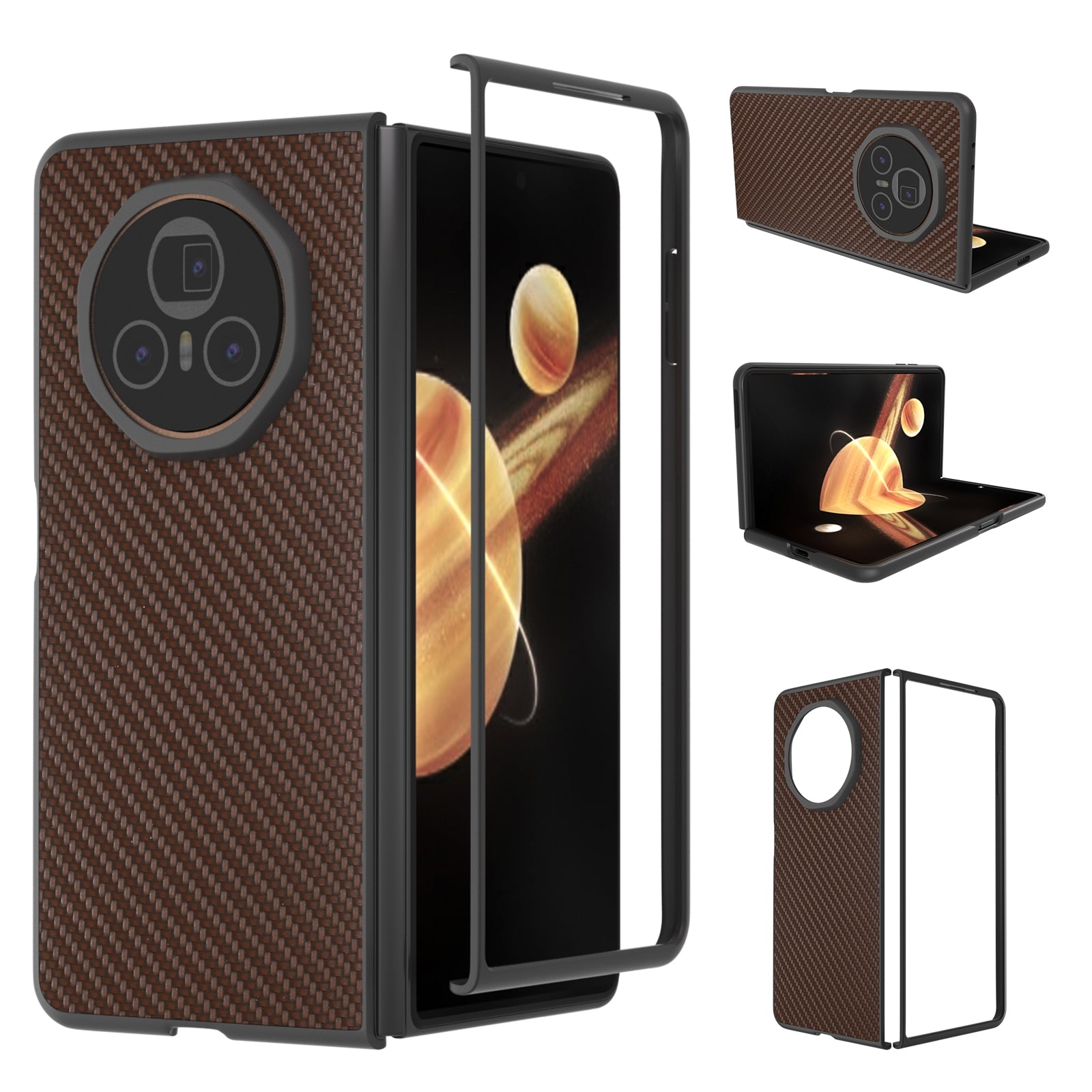 For-Honor-Magic-V3-Black-Frame-Carbon-Fiber-Texture-PU-Phone-Case(Coffee)