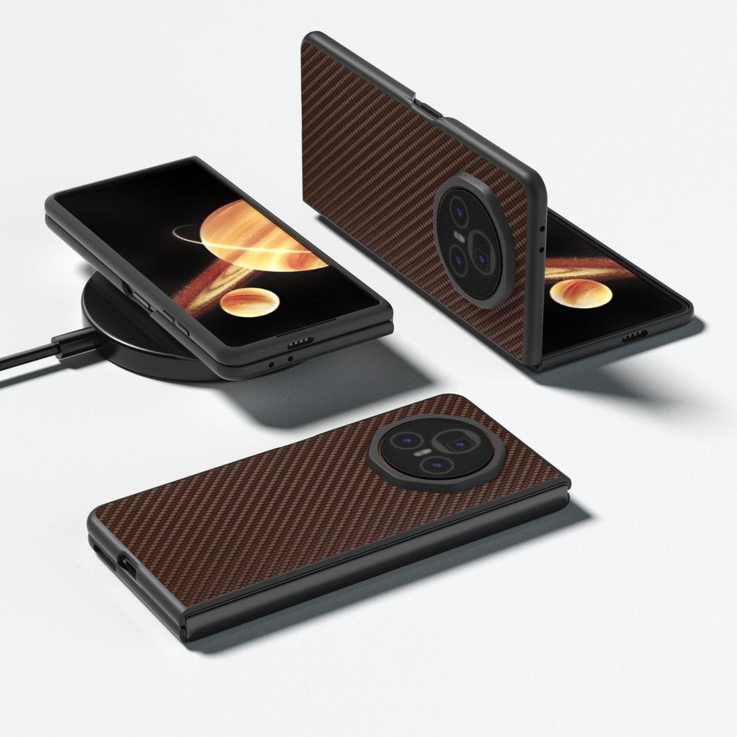 For-Honor-Magic-V3-Black-Frame-Carbon-Fiber-Texture-PU-Phone-Case(Coffee)
