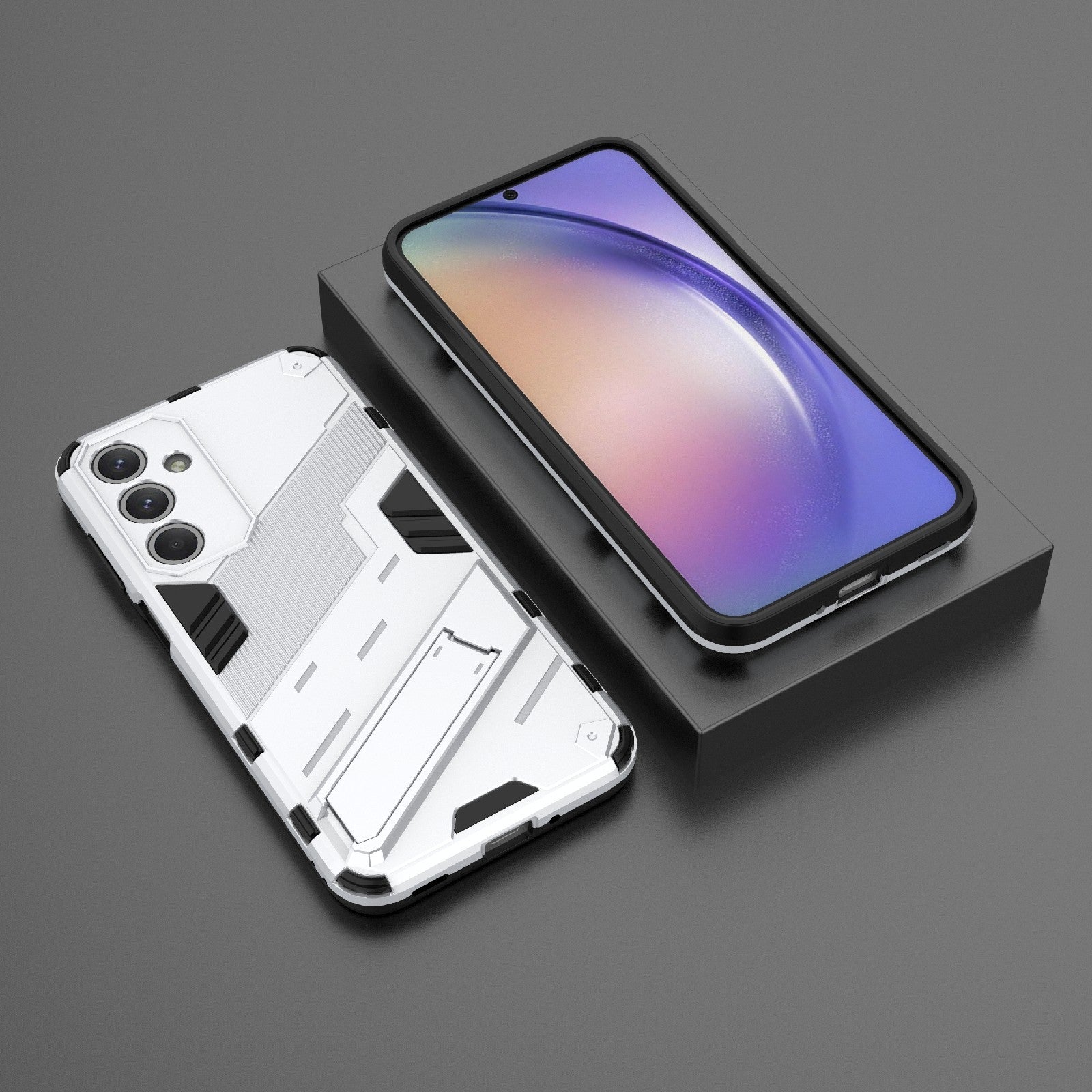 For-Samsung-Galaxy-M35-5G-Punk-Armor-2-in-1-PC-+-TPU-Shockproof-Phone-Case-with-Invisible-Holder(White)