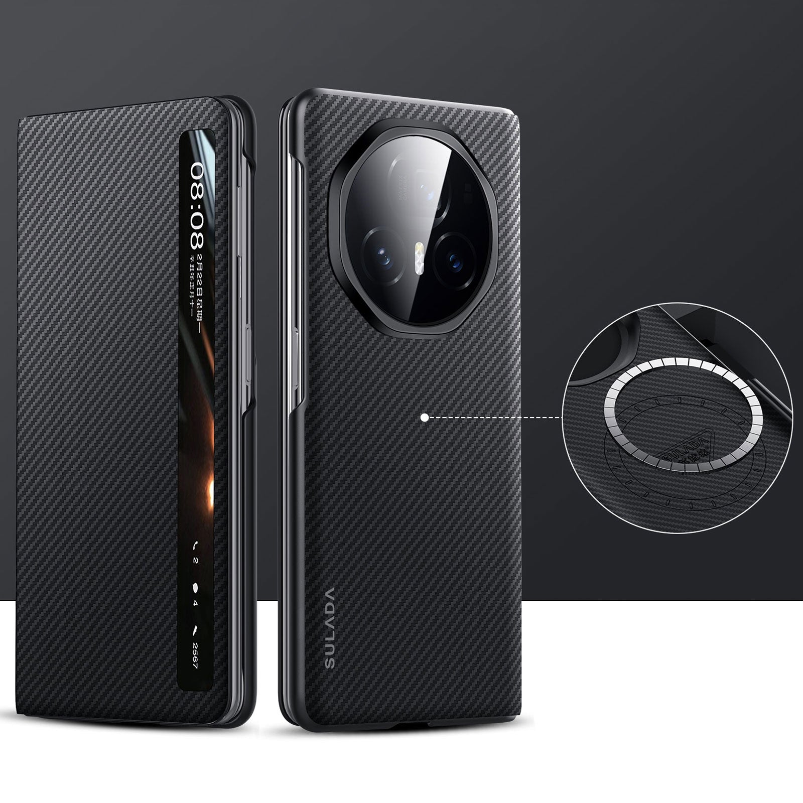 For-Honor-Magic-V3-SULADA-Kevlar-600D-Texture-Smart-Window-Leather-Phone-Case(Black)