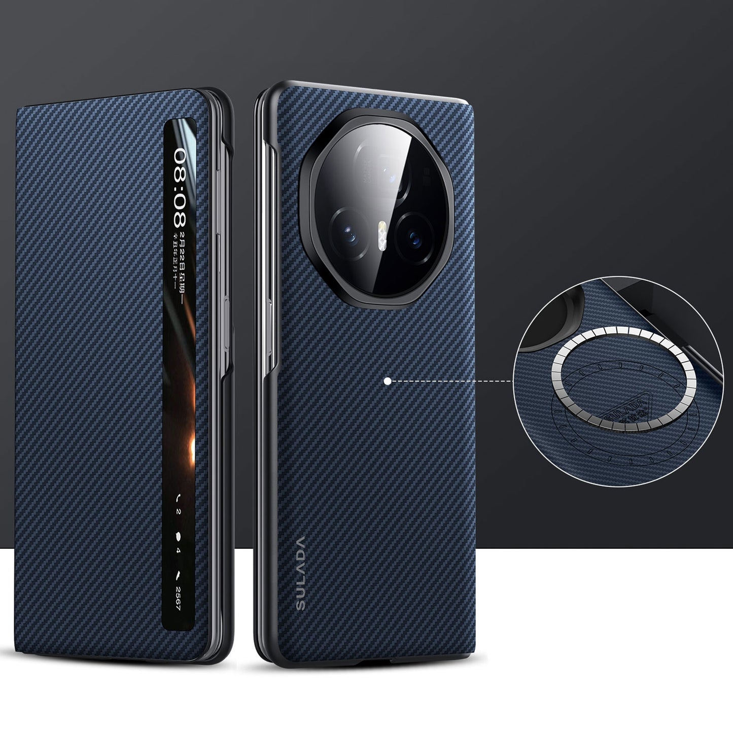 For-Honor-Magic-V3-SULADA-Kevlar-600D-Texture-Smart-Window-Leather-Phone-Case(Blue)