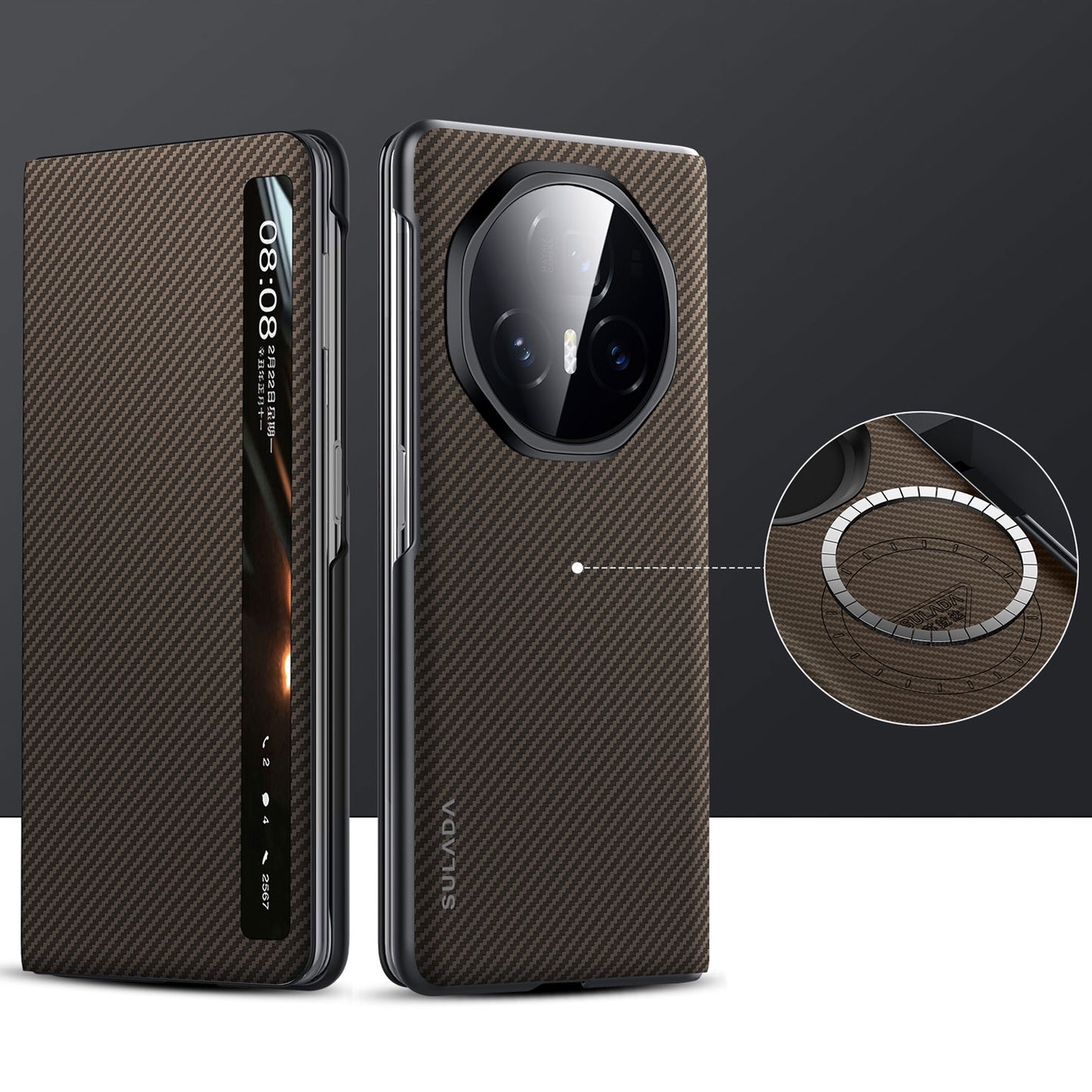 For-Honor-Magic-V3-SULADA-Kevlar-600D-Texture-Smart-Window-Leather-Phone-Case(Brown)