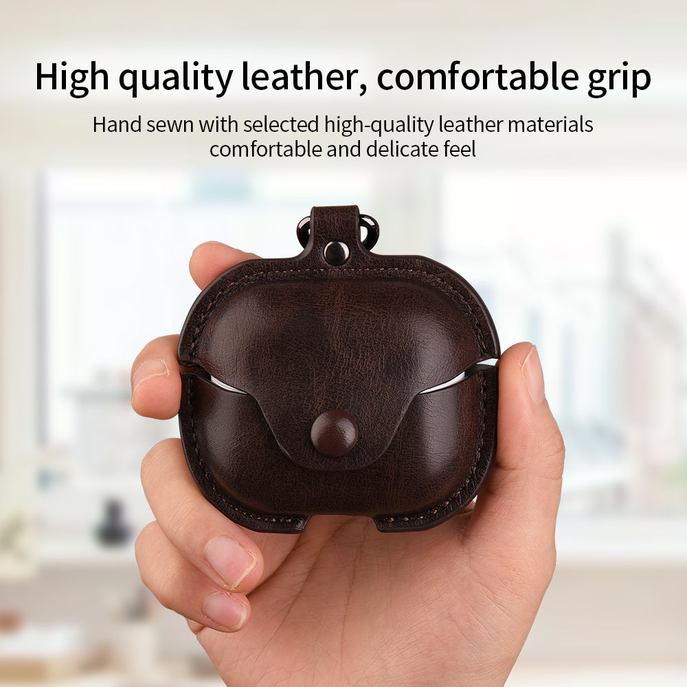 For-Samsung-Galaxy-Buds-3-Business-Leather-Bluetooth-Earphone-Protective-Case-with-Hook(Light-Brown)