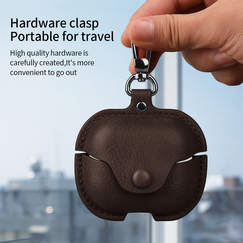 For-Samsung-Galaxy-Buds-3-Business-Leather-Bluetooth-Earphone-Protective-Case-with-Hook(Light-Brown)