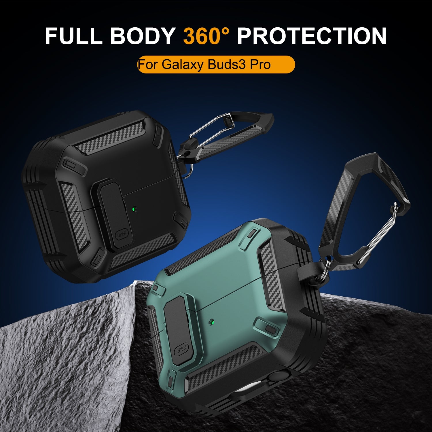 For-Samsung-Galaxy-Buds-3-/-3-Pro-Dual-color-Earphone-Protective-Case-with-Switch-&-Hook(Black-Blue)