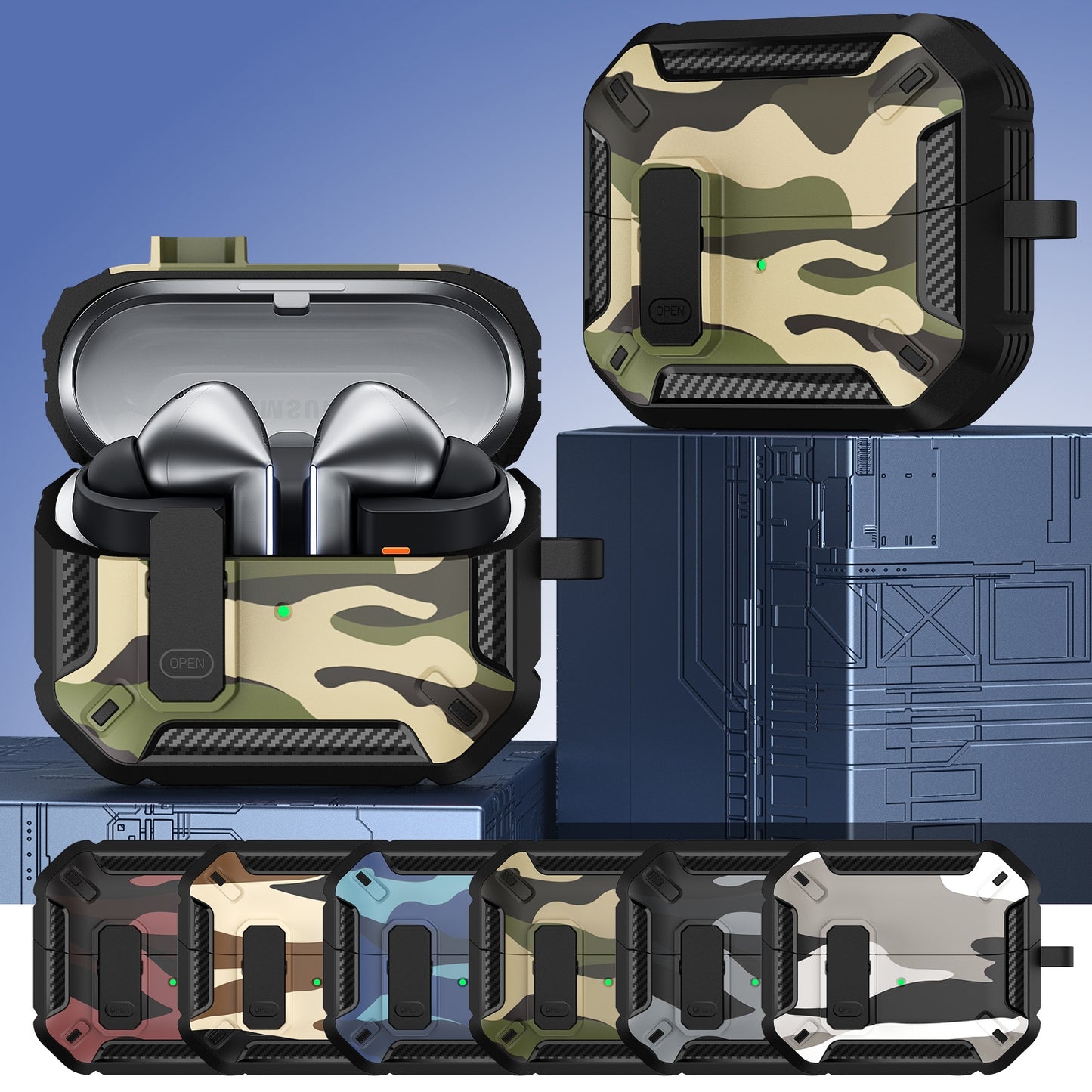For-Samsung-Galaxy-Buds3-/-3-Pro-Camouflage-Earphone-Protective-Case-with-Switch-&-Hook(Green)