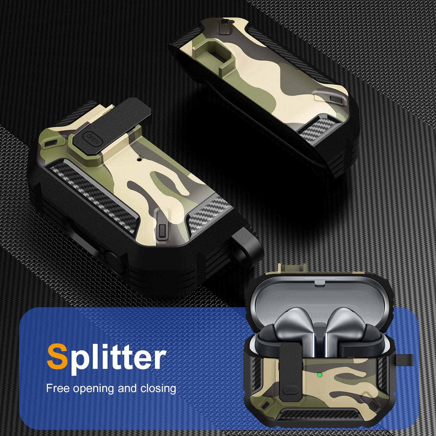 For-Samsung-Galaxy-Buds3-/-3-Pro-Camouflage-Earphone-Protective-Case-with-Switch-&-Hook(Green)