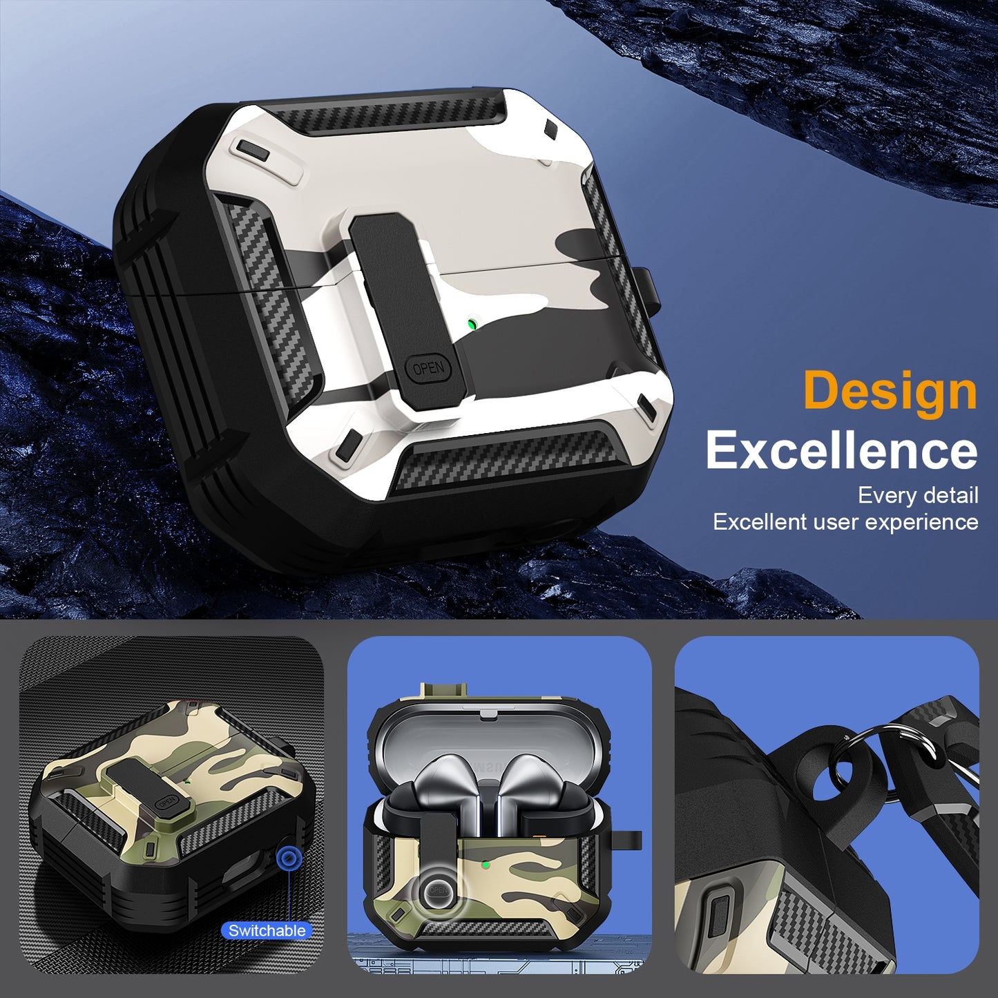 For-Samsung-Galaxy-Buds3-/-3-Pro-Camouflage-Earphone-Protective-Case-with-Switch-&-Hook(Green)