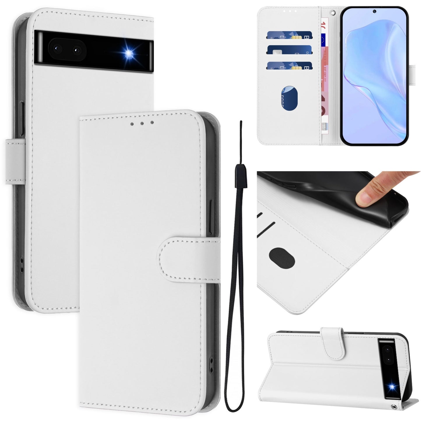 For-Google-Pixel-6a-Skin-Feel-Solid-Color-Leather-Phone-Case-with-Lanyard(White)