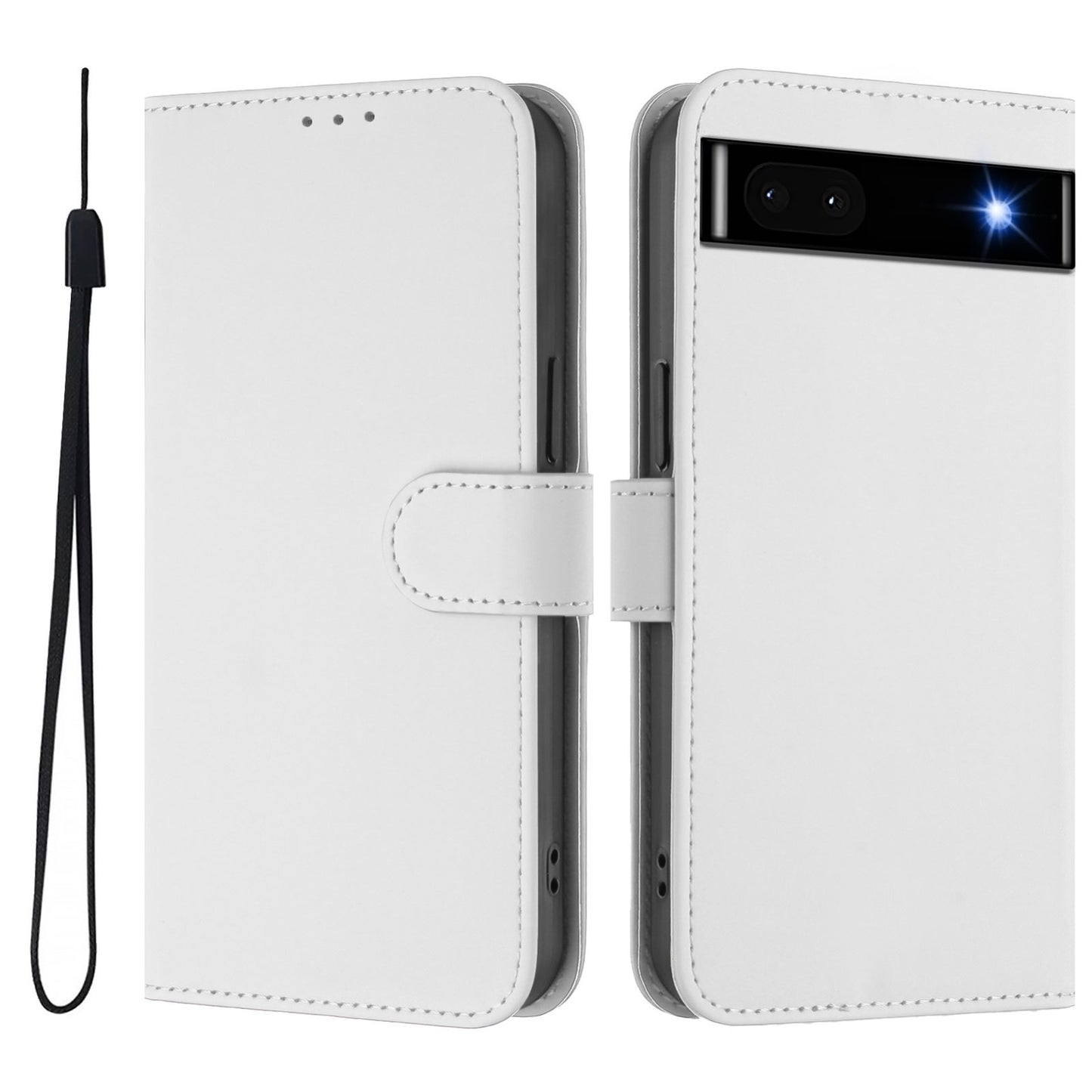 For-Google-Pixel-6a-Skin-Feel-Solid-Color-Leather-Phone-Case-with-Lanyard(White)