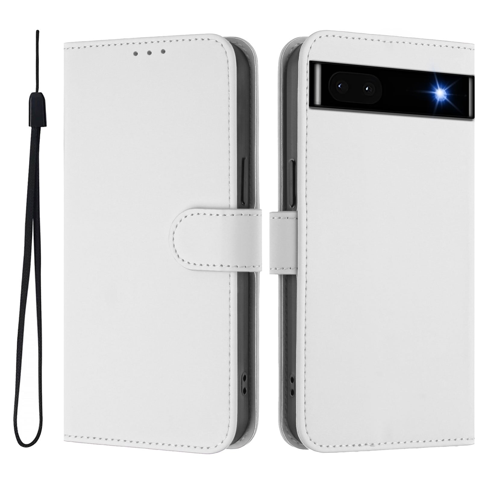 For-Google-Pixel-6a-Skin-Feel-Solid-Color-Leather-Phone-Case-with-Lanyard(White)